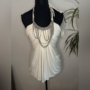 Sky brand Y2K Rhinestone white jersey top small silver jeweled top